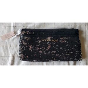 VICTORIA'S SECRET sequined clutch bag Black & Silver, Zip NWT 9.5x5.5"